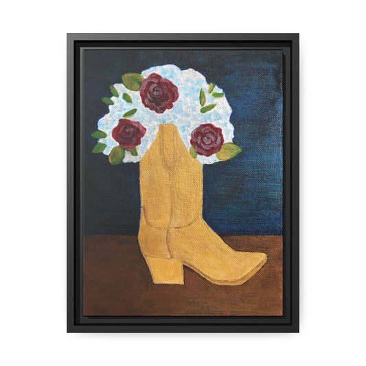 "Boot Bouquet" by Yvonne Blacker printed on matte canvas with black frame