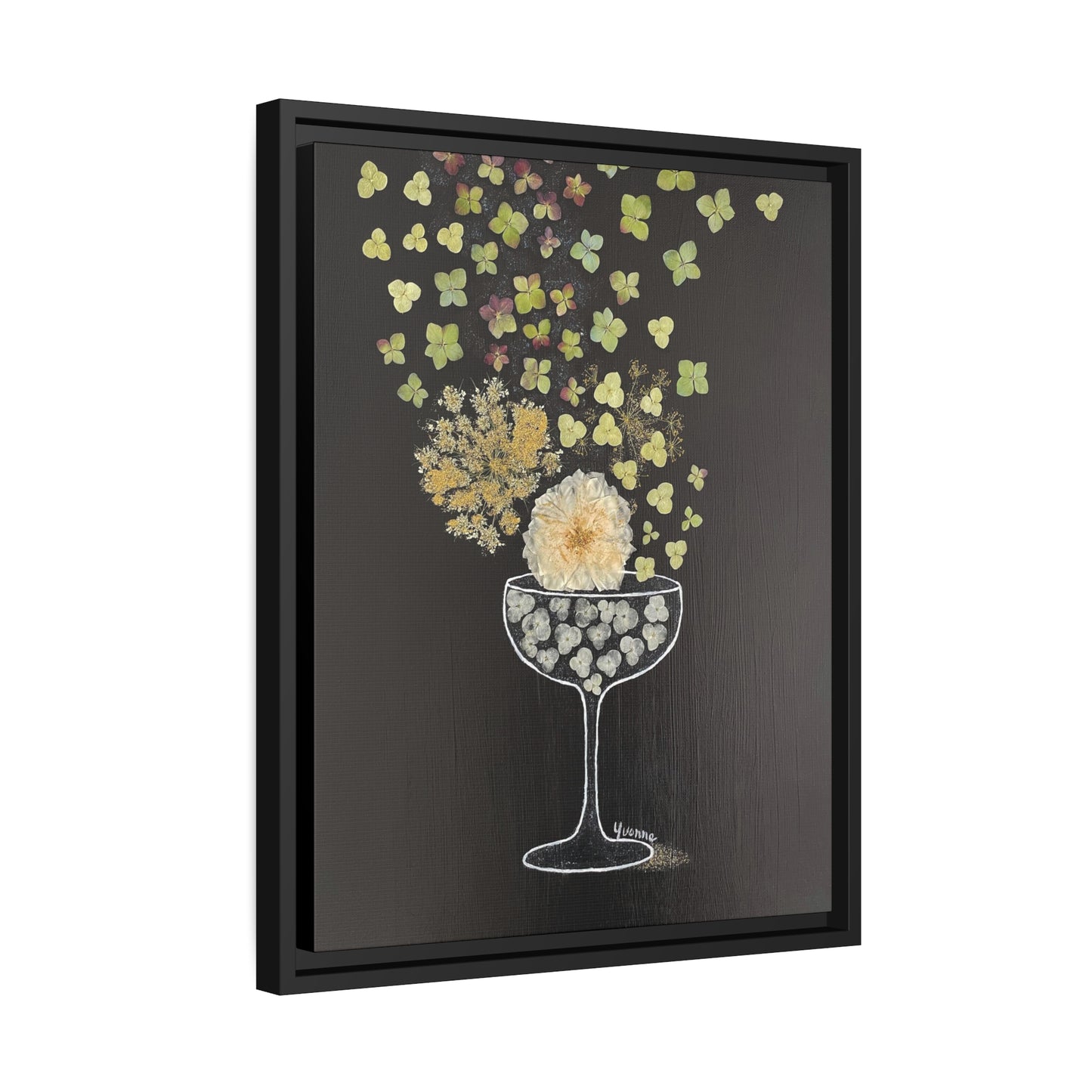"Effervesce" pressed flower art image by Yvonne Blacker printed on matte canvas with black frame