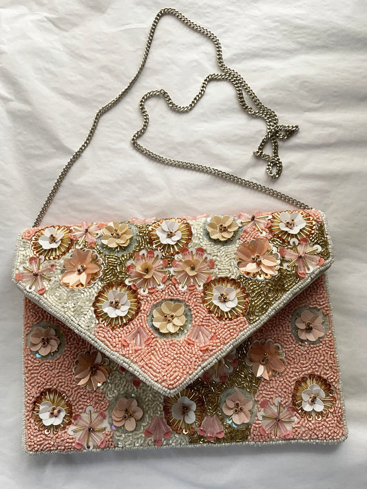 Pink and Gold Dahlia Clutch with Silver Chain