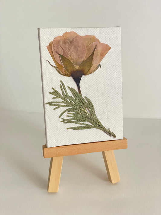 Pressed Pale Pink Rose with Glitter Accents on Mini Canvas with Easel