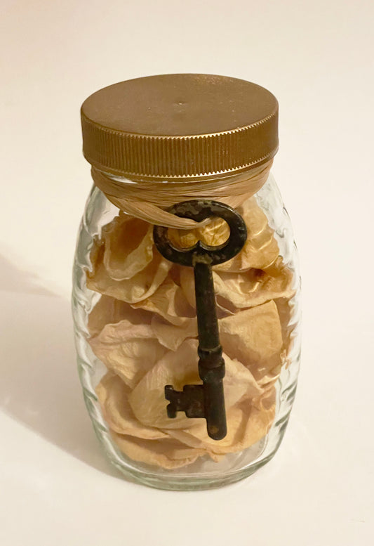 Small Honey Jar with Dried Rose Petals and Vintage Skeleton Key