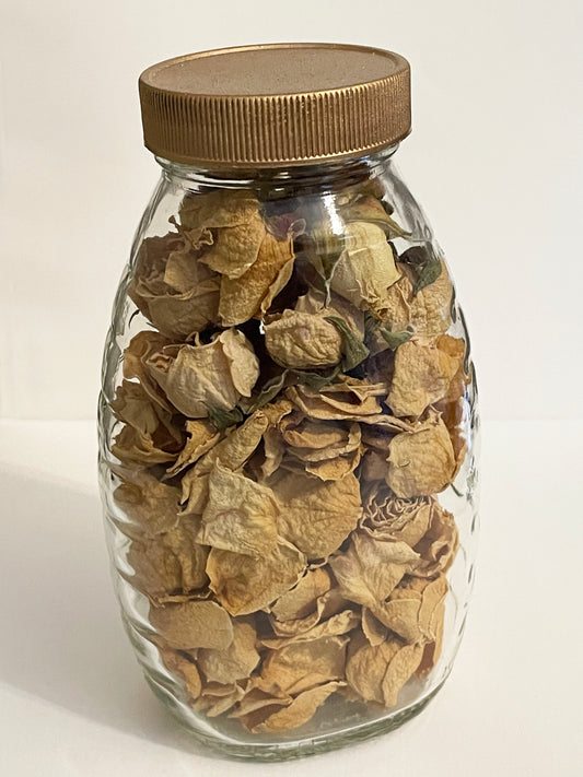 Boho Style Dried Golden Blush Rosebuds and Petals in Glass Honey Jar with Copper Gold Spray Painted Lid