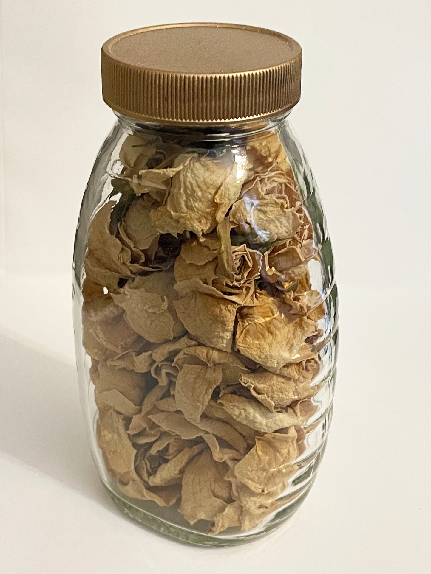 Boho Style Dried Golden Blush Rosebuds and Petals in Glass Honey Jar with Copper Gold Spray Painted Lid