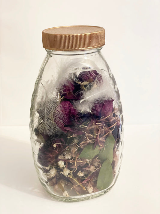 Honey Jar with Burgandy Rosebuds, Mixed Florals, and White Pekin Duck Down Feathers