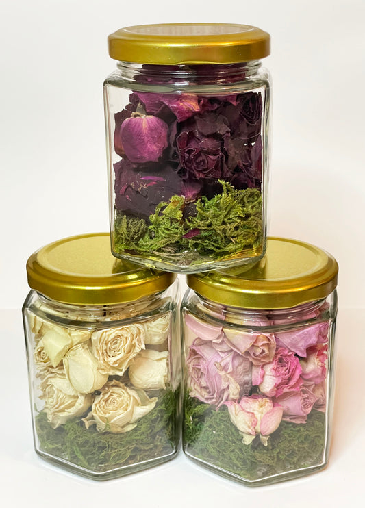 Set of 3: Dried Roses in Honeycomb Shaped Glass Jars with Gold Lids