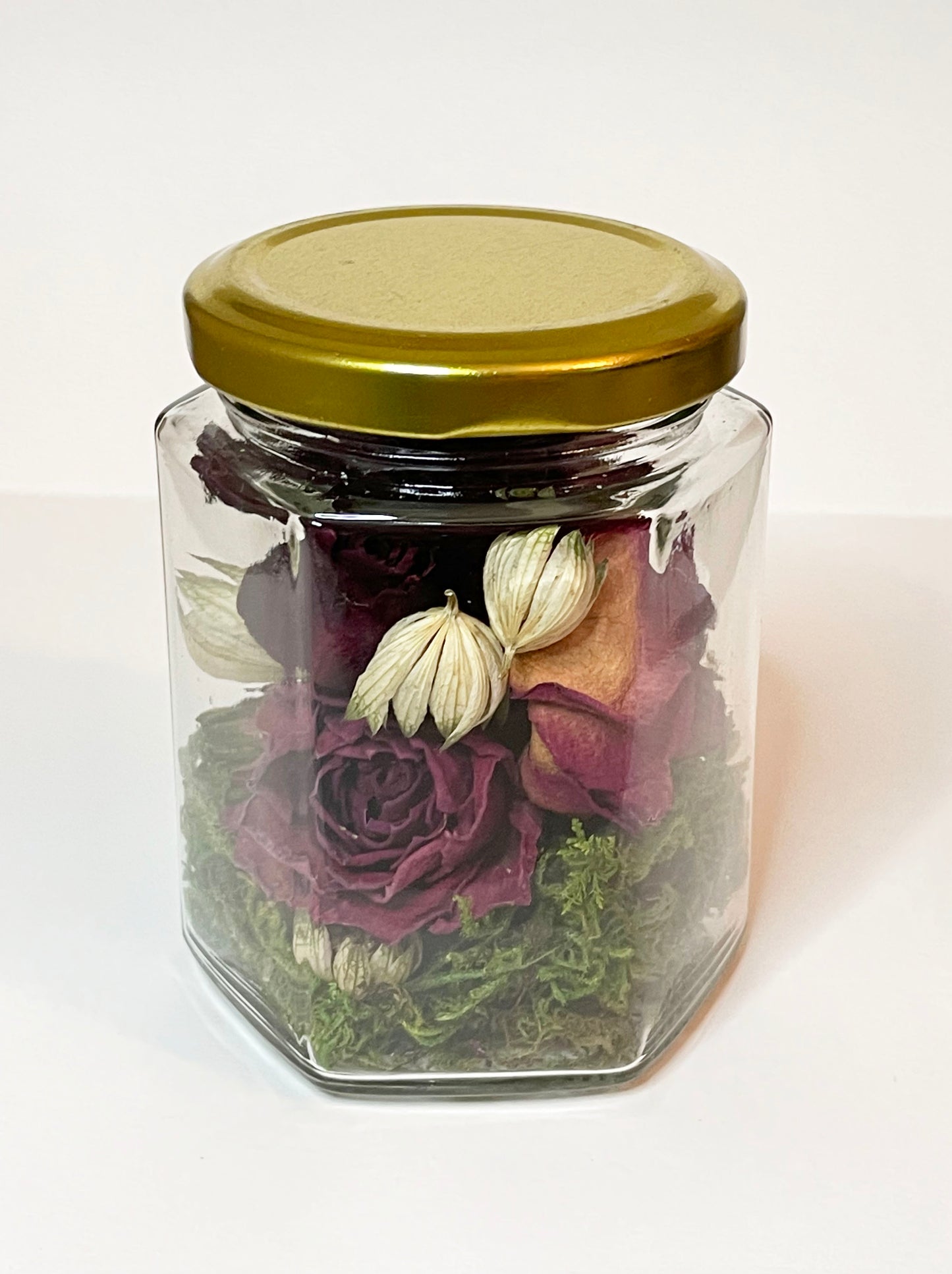Set of 2: Dried Roses with Astrantia Blossoms in Honeycomb Shaped Glass Jars with Gold Lids