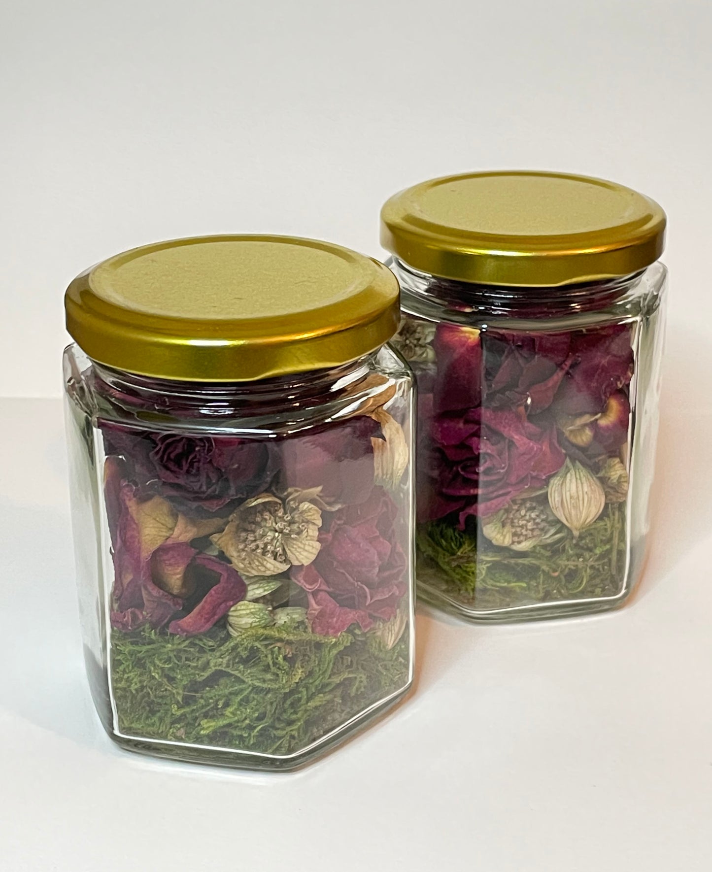 Set of 2: Dried Roses with Astrantia Blossoms in Honeycomb Shaped Glass Jars with Gold Lids