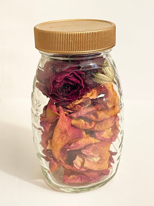 Small Honey Jar with Warm Multi Colored Dried Roses and Astrantia Blossoms