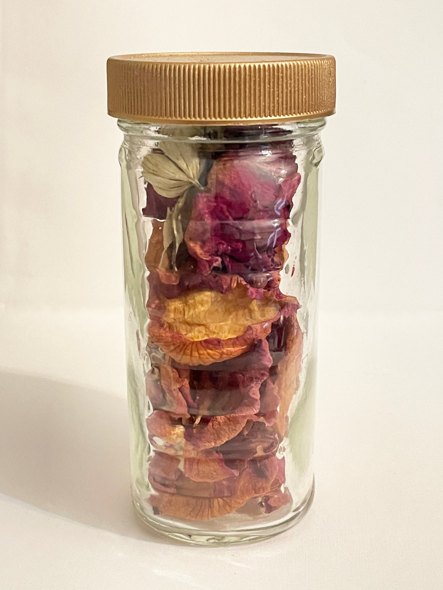 Small Honey Jar with Warm Multi Colored Dried Roses and Astrantia Blossoms