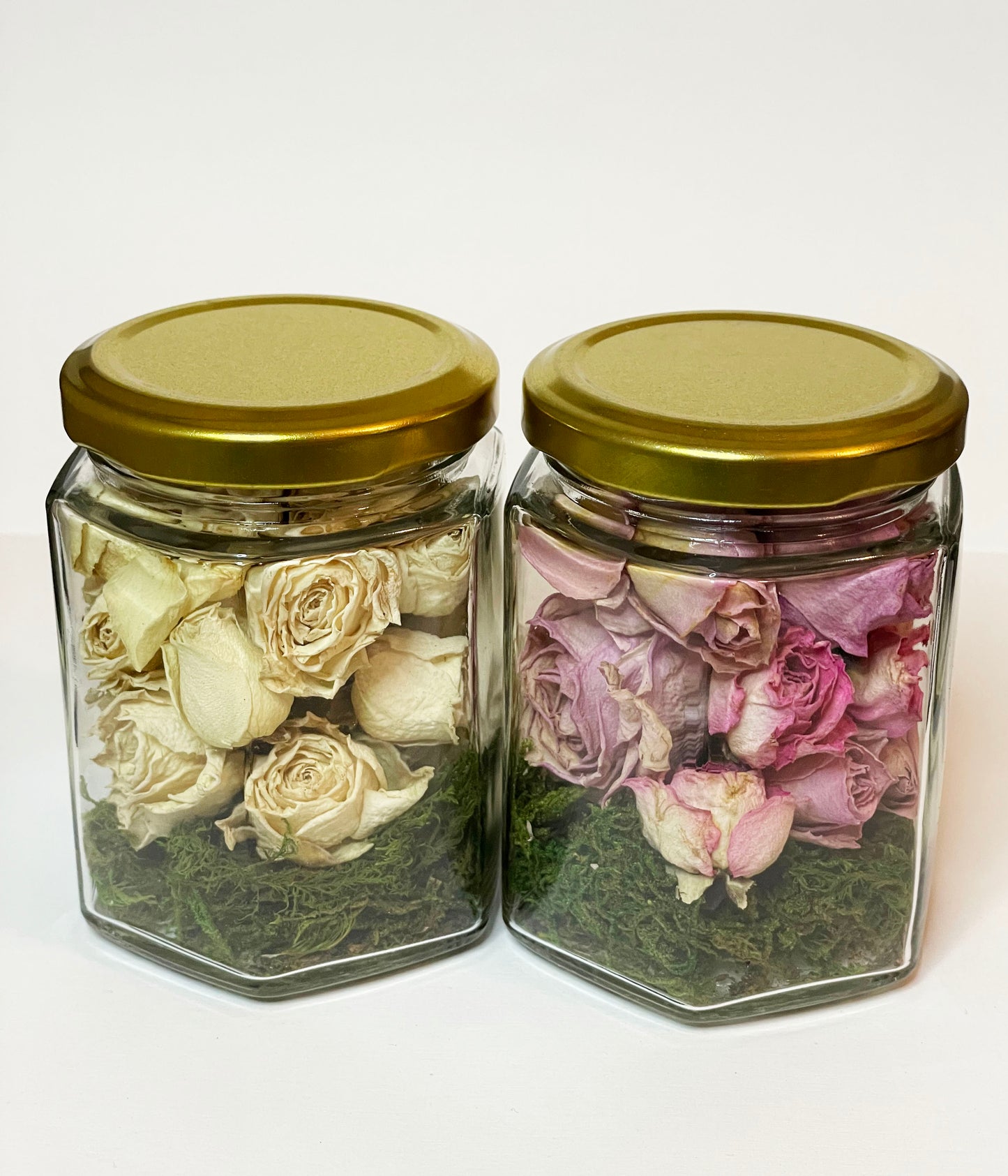 Set of 3: Dried Roses in Honeycomb Shaped Glass Jars with Gold Lids